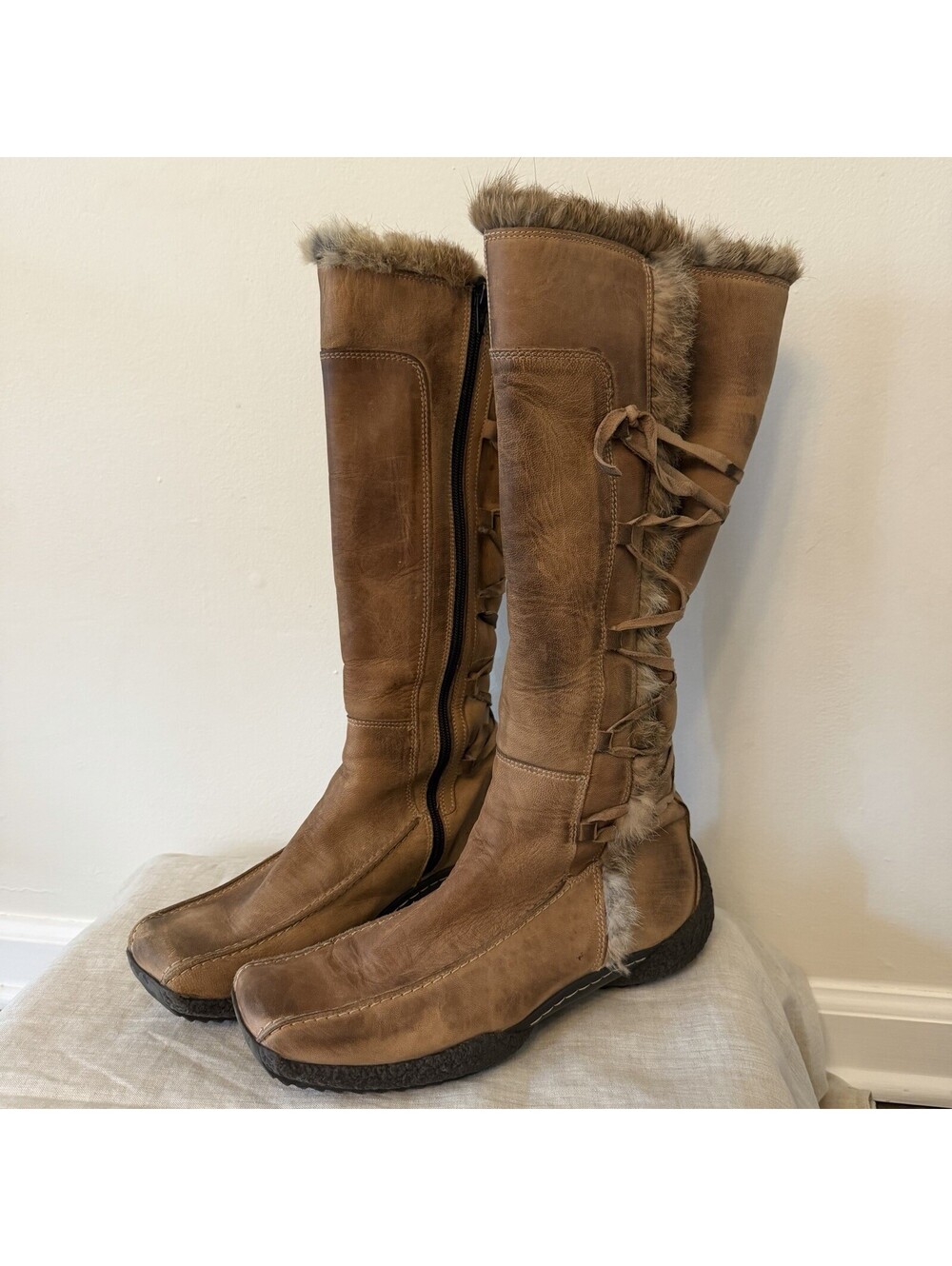 Italian leather square toe boots fur lined 9.5 EU 40 Lace Up Alaska Made Italy